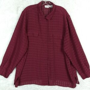 Liz Baker Womens Shirt Button Up Deep Red Stripe Sheer Long Sleeve Plus 26W